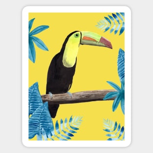 Toucan with tropical leaves and a yellow background Sticker